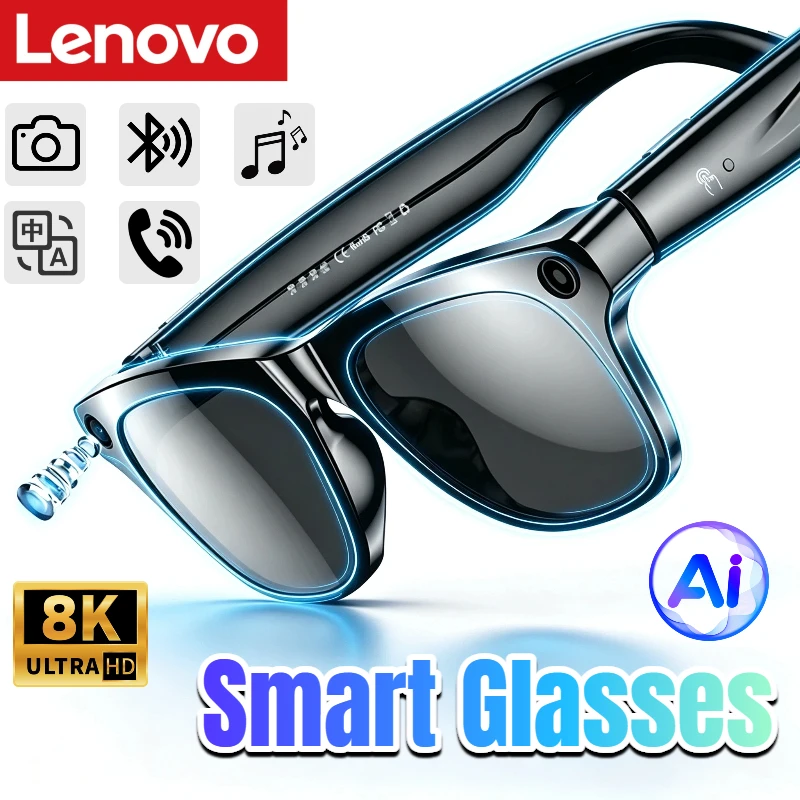 Фото Умные очки Lenovo с камерой 100 МП, 8K HD, Chat GPT, аккумулятором 260 мАч, Bluetooth-звонками, голосовым помощником и управлением для мужчин №1
