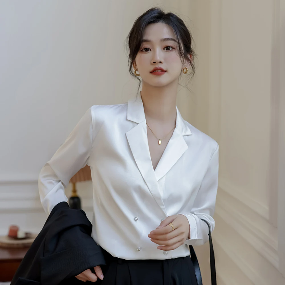 

Elegant White Satin Shirts Women Chic Design Duoble Breasted Notched Collar Formal Fashion Woman Blouses 2022 Female Tops