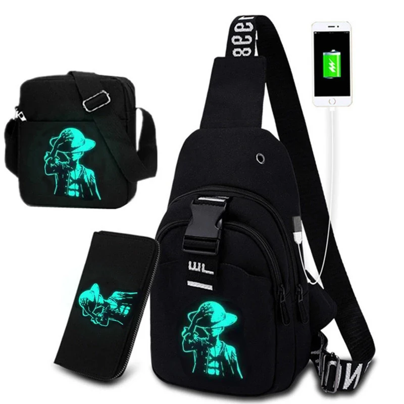

Luffy Luminous Chest Bag 3PC Multifunction Fashion Crossbody Bags USB Charging Chest Pack Short Trip Men 's Shoulder Bag Single