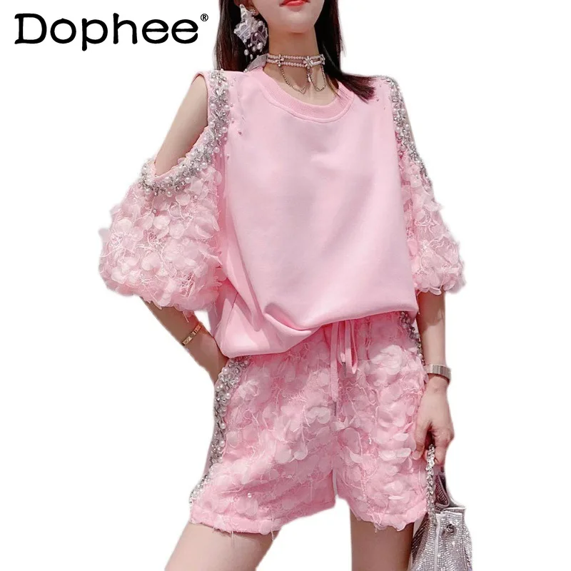 

Sweet Pink Shorts 2-Piece Set Women Beads Sexy Off-Shoulder Puff Sleeves Top 2022 Summer High Waist Casual Shorts Two-Piece Sets