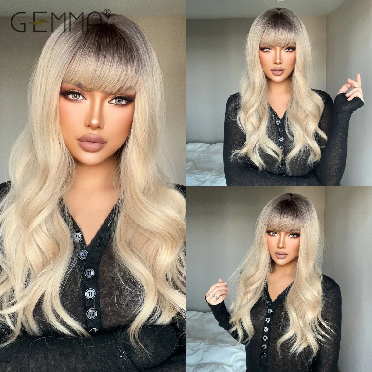 

Synthetic Long Wavy Brown Blonde Ombre Wig with Bangs for Black Women Cosplay Daily Natural Wave Hair Wigs Heat Resistant Fibre