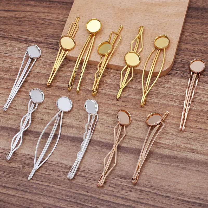 

Fashion 12mm 10pcs 5 Styles High Quality 6 Colors Copper Material Hairpin Hair Clips Hairpin Base Setting Cabochon Cameo Base