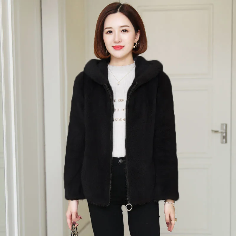 Women's Short Flannel Coat, Short Faux Rabbit Fur Jackets Skinny Girl Slim Winter Style, Girl Thickened Hooded Fur Coat Coat