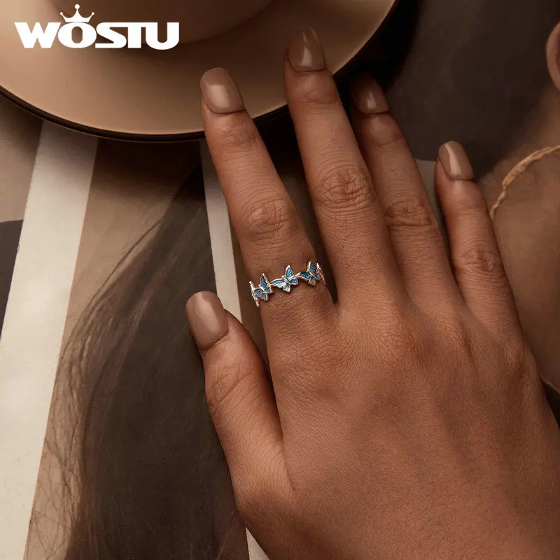Wostu серебро 925 пробы синий кольцо с бабочкой ювелирные изделия для женщин жена