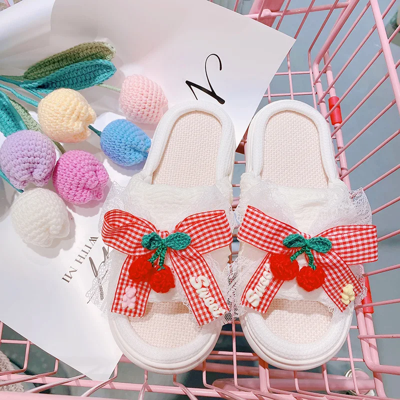 Fashion Spring Summer Cotton Linen Women Slippers Flower Lace Bow Tassels EVA Thick Sole Indoor Home Ladies Sandals Slides Shoes
