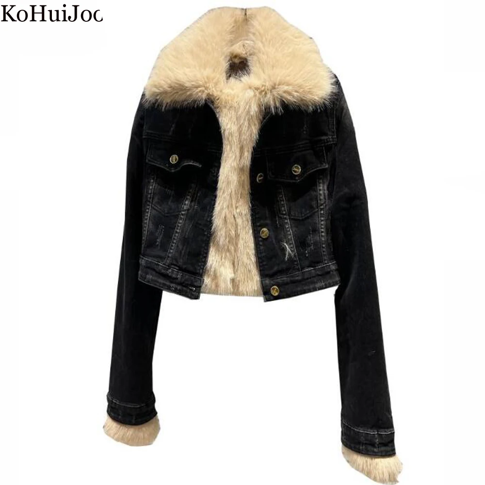 KoHuiJoo Winter Denim Coat Women 2022 Korean Fashion Thick Warm Short Vintage Long Sleeve Fur Collar Cotton-padded Jacket Female