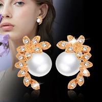 leeker vintage jewelry solid leaf shape imitation gray pearl stud earrings with cubic zircon for women party wedding zd1 xs2