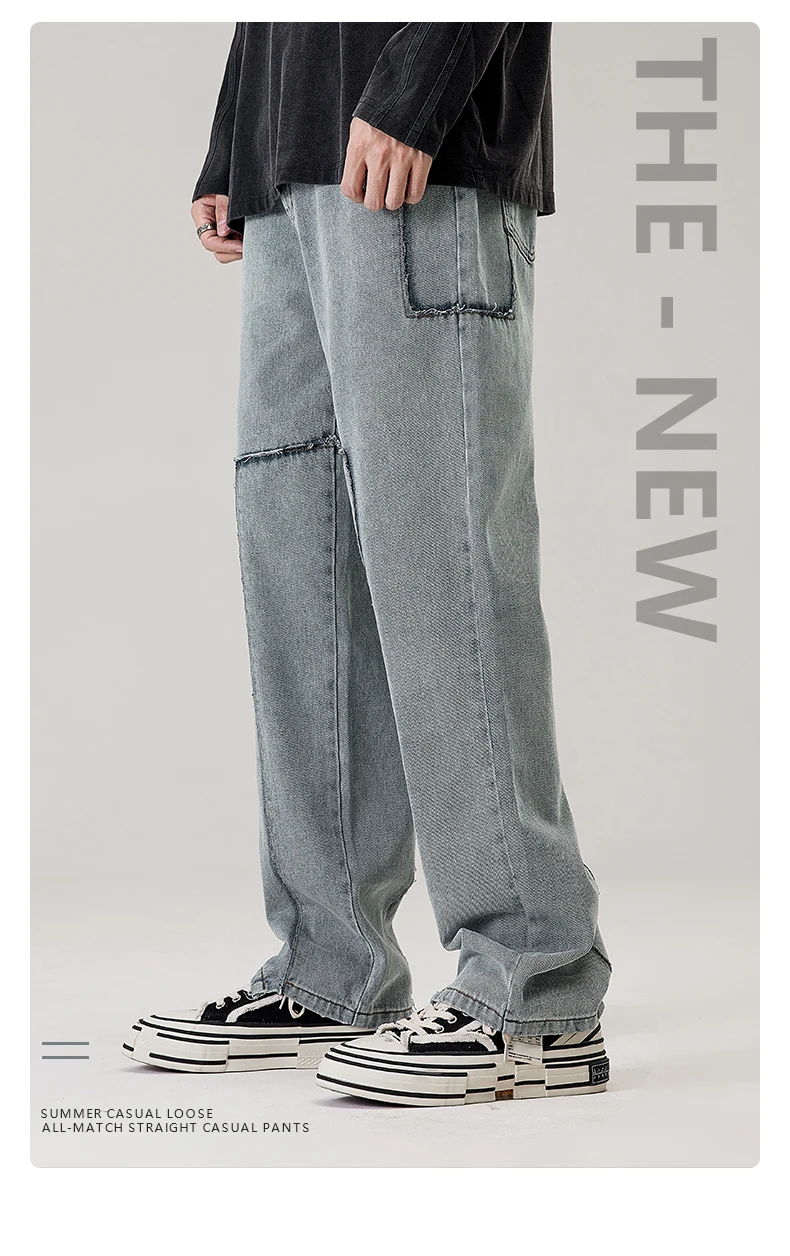 Loose Street Style Straight Cargo Pants Jeans Men's Fashion Brand Splicing Cargo Pants Retro Trend Casual Youth Denim Loose MEN