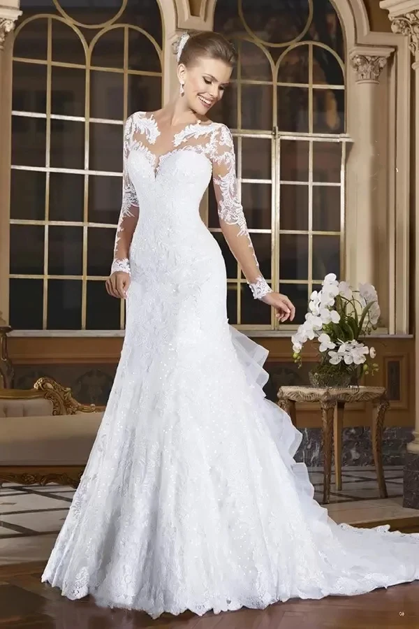 

Vintage Long Sleeves Mermaid Wedding Dresses Applique Lace Button Tiered Ruffles Back Bride Gowns vestidos de novia robes 2023