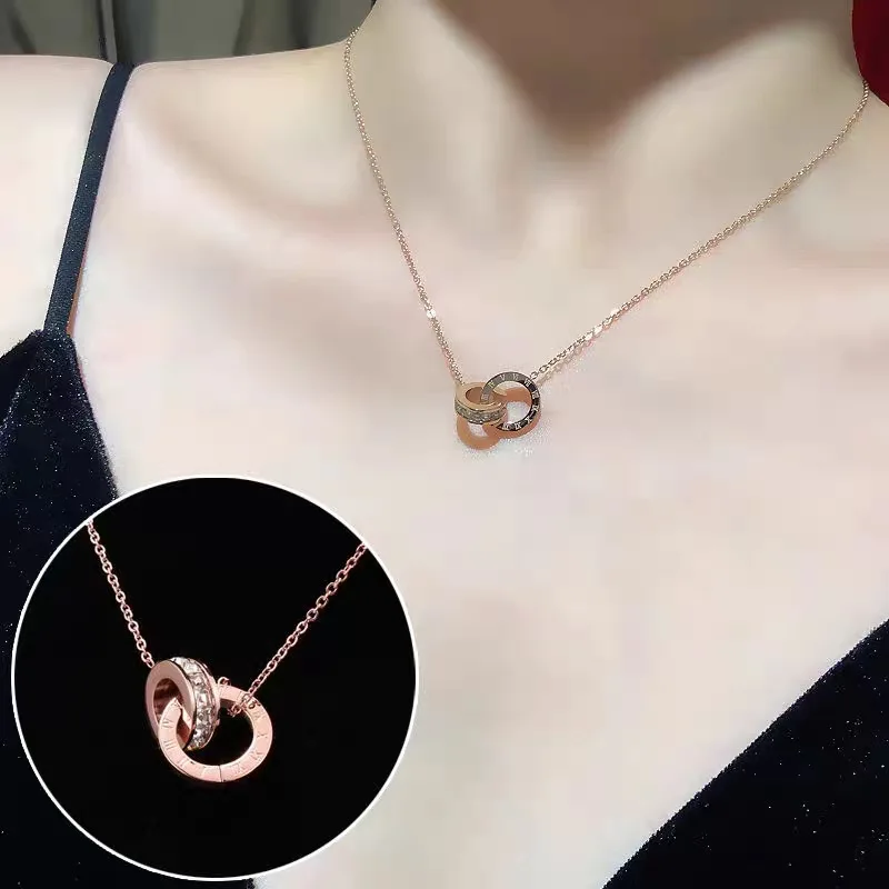 

Titanium Steel Necklace Women's Roman numerals Light Luxury Collar Chain Summer Temperament Double Ring Advanced Necklace Women