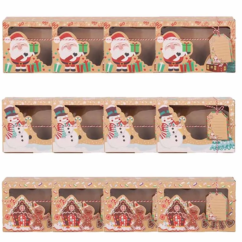 

3/6/9/12pcs Merry Christmas Cookie Gift Box Kraft Paper Candy Boxes clear Window Packaging Bag Xmas Gift Bag New Year Decoration