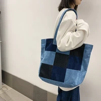 plaid denim handbags for women canvas tote shoulder bag female jeans big shopping eco bag korean high capacity hand bags purses