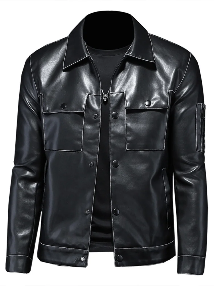 

Men's Spring and Autumn New Casual Slim Faux Leather Jacket Long Sleeve Jacket Lapel Soft Leather Jacket Large Pocket