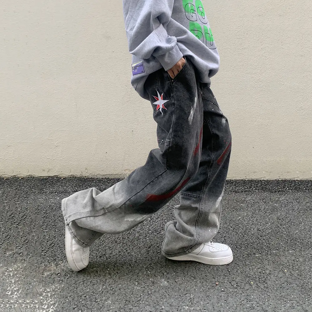 New American High Street Graffiti Embroidery Gradient Jeans Men's Loose Wild Straight-leg Pants Fashion Men's Hip-hop Streetwear