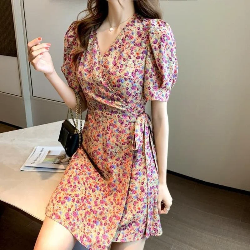 

Floral Women's Summer Dress 2022 Aesthetic Clothing Silk Trend Chiffon One-piece Short Satin Vintage Casual Dresses for Women