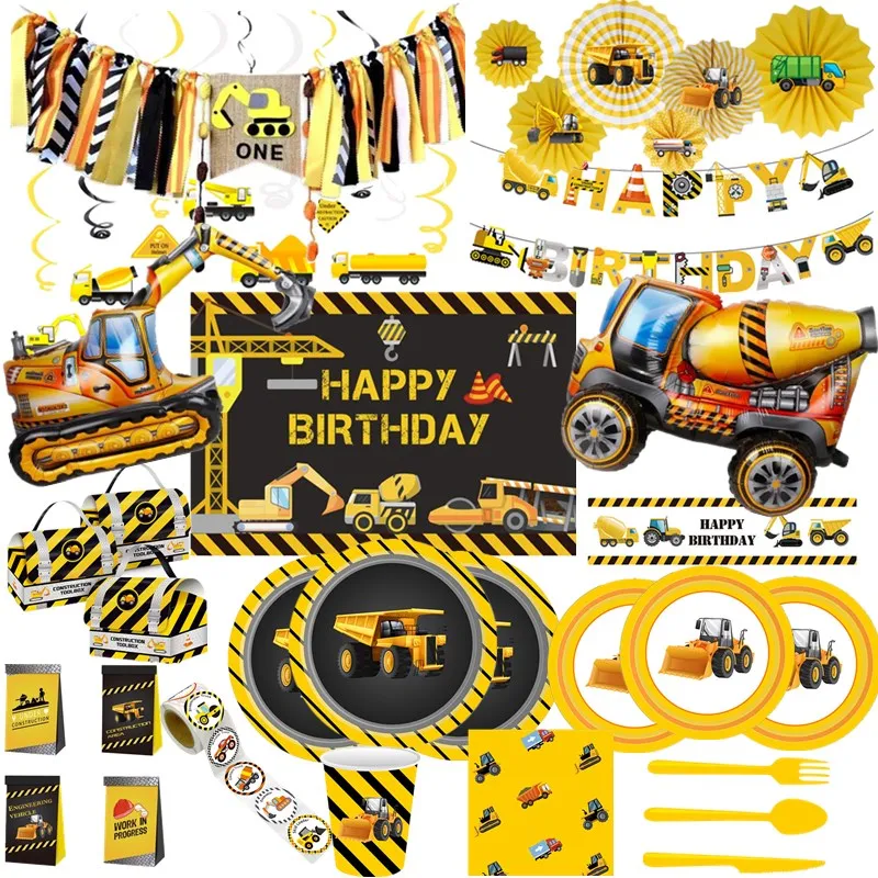 

Construction Party Disposable Party Tableware Plate Car Excavator Happy Birthday Birthday Decoration Banner Cake Hat Baby Shower
