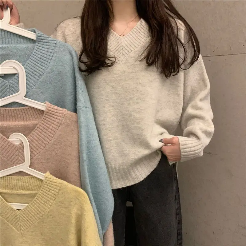 

Women's V-neck Loose Warm Sweater Women Jumpers Ladies Pullover Autumn Winter Women's Sweaters Knitting 2023 New Femme F03