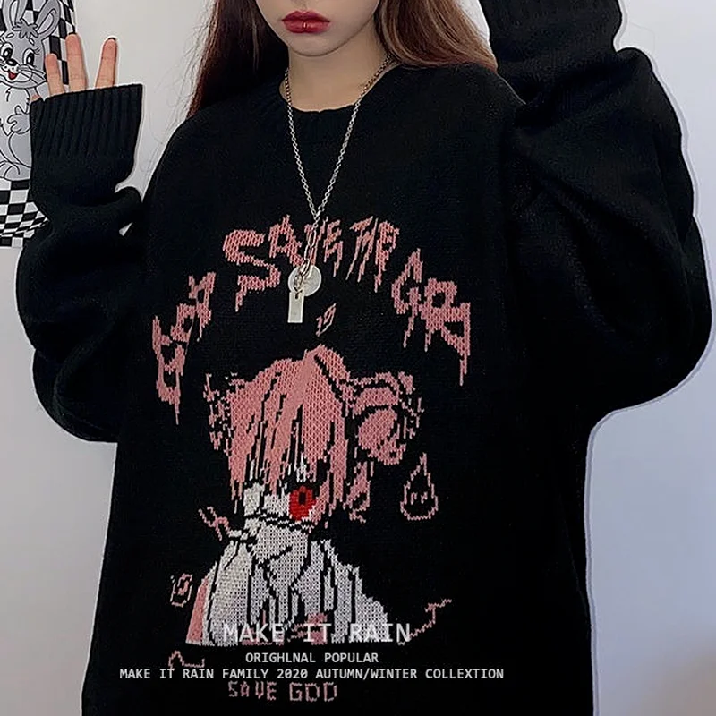 

Deeptown Streetwear Anime Print Gothic Knitted Sweater Women Harajuku Punk Hiphop Crewneck Oversize Long Sleeve Jumper Winter