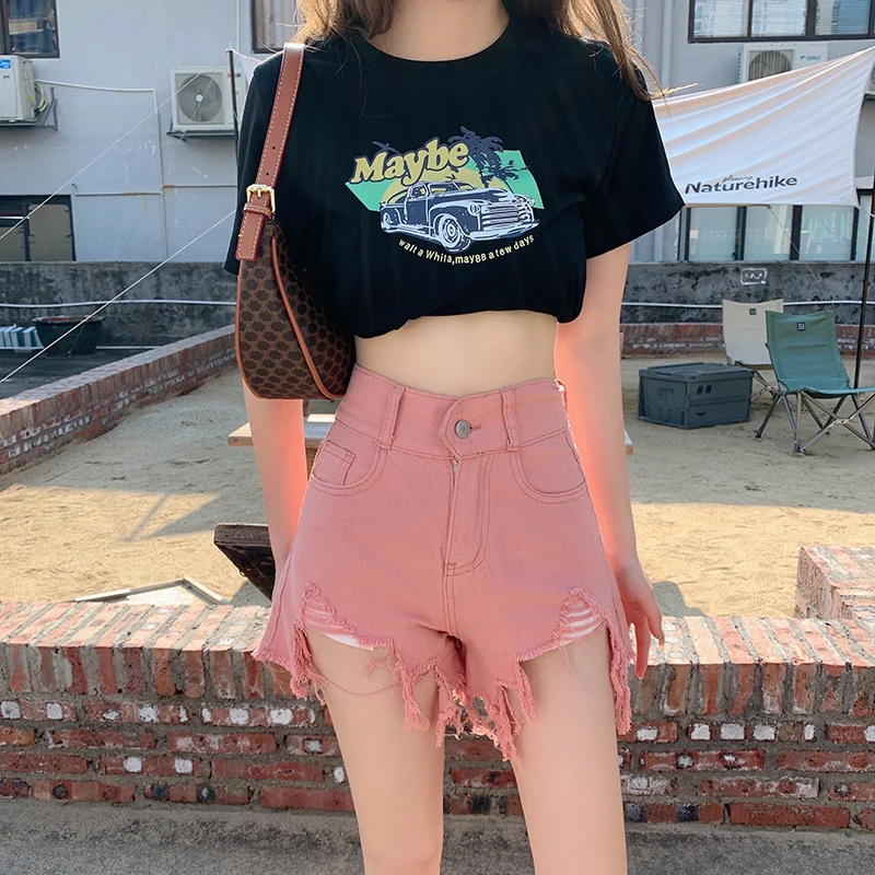 Perforated Jeans Shorts Women Oversized Summer Hot Pants Womens Clothing Pink Shorts for Women Denim Shorts High Waisted Shorts