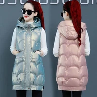 solid hooded womens winter vest long style thick female sleeveless waistcoat cotton padded vest jacket with pocket