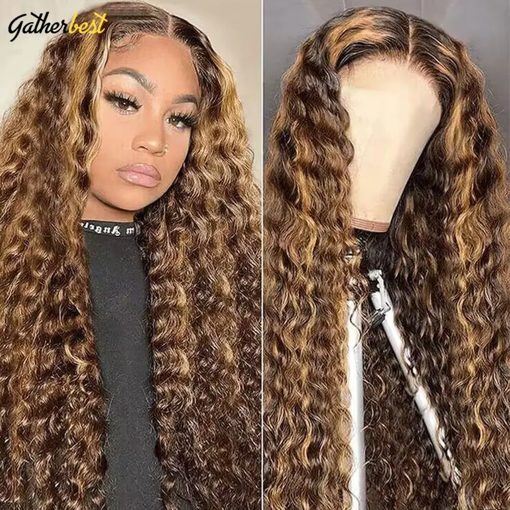 Highlight Deep Wave Human Hair Lace Frontal Wig P4/27 Honey Blonde Curly Human Hair Wigs Deep Curly 13x4 HD Lace Frontal Wigs