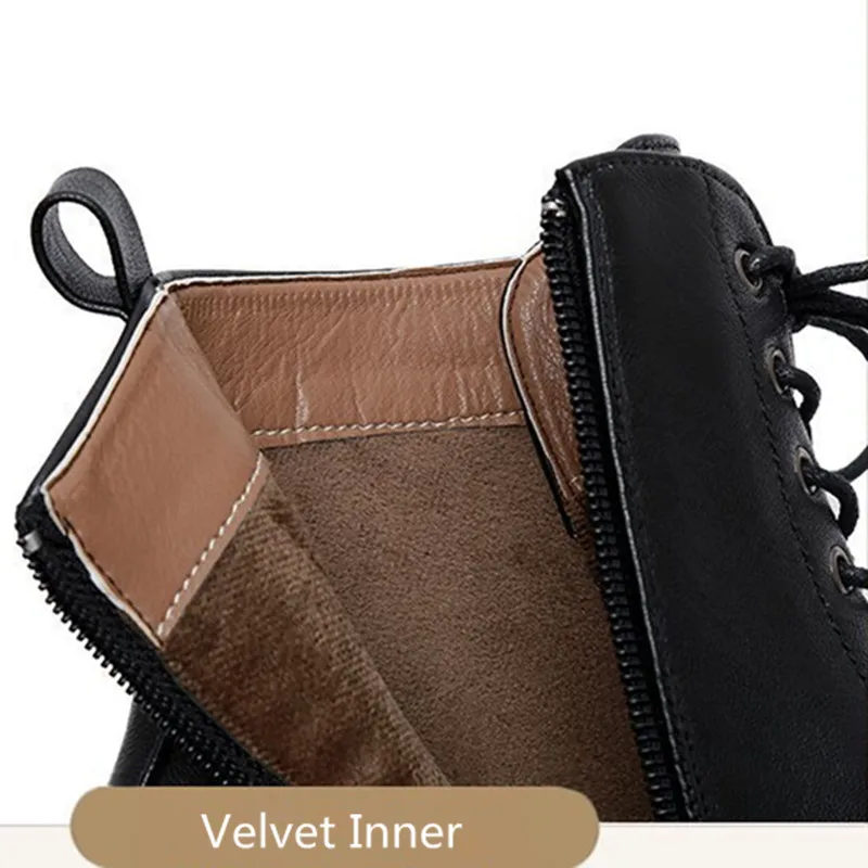 Women's Winter Warm Velvet Short Boots British Style Vintage Bandage Zipper Square Heel PU Leather Shoes Lady Black Matin Boots