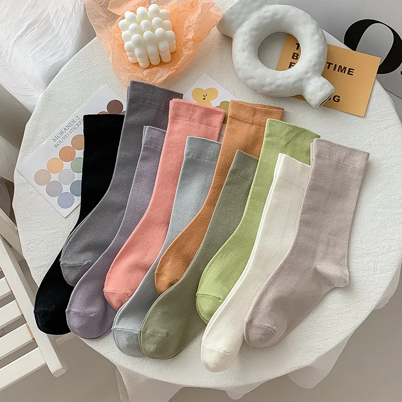 

High Quality Solid Colors Socks for Women Fashion Mid Tube Socks Japanese Solid Color Simple Pile Stockings