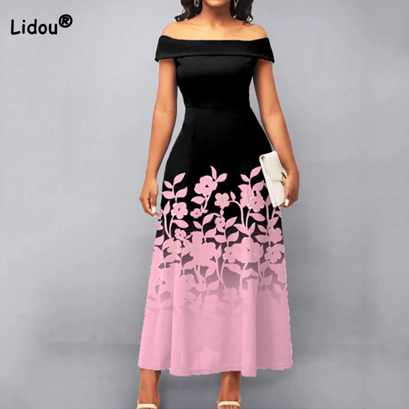 Купи Women Summer Elegant Swing Skirt One Word Collar Floral Printing Solid Color Short Sleeve Fashion High Waist Basic Maxi Dresses за 1,064 рублей в магазине AliExpress