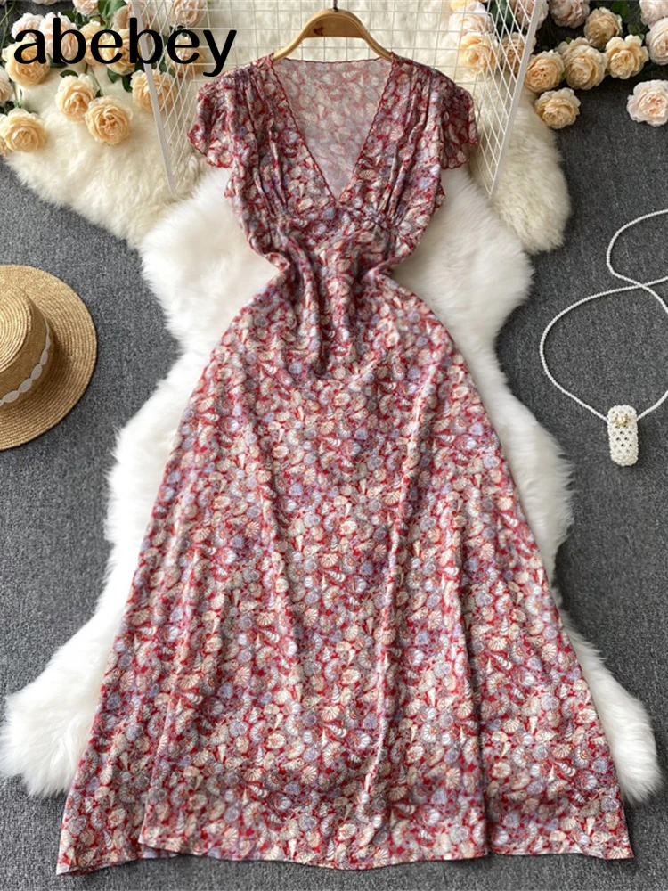 

Elegant Dress Women V-neck Floral Chiffon Robe Lace Up Slim Waist Vestidos De Mujer Korean Temperament Pleated Dresses