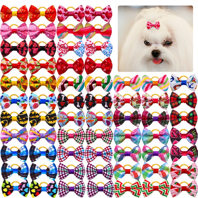 

50/100PCS Mix Color Pet Hair Bows Dog Bowknot with Rubber Bands Decorate Plush Dog Hair Accessories Bow for Small Dog Supplies