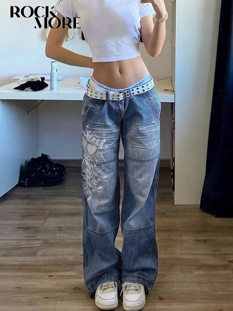 

Rockmore Print Patchwork Jeans Low Waist Women'S Baggy Straight Jean Pants y2k Streetwear Casual Cargo Denim Trousers Korean