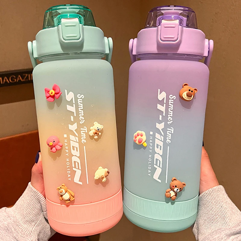 

2 Liter Sport Bottle For Water Cute Plastic Water Cup With Straw Time Marker Sticker Big Frosted Travel Gym Bottles BPA Free