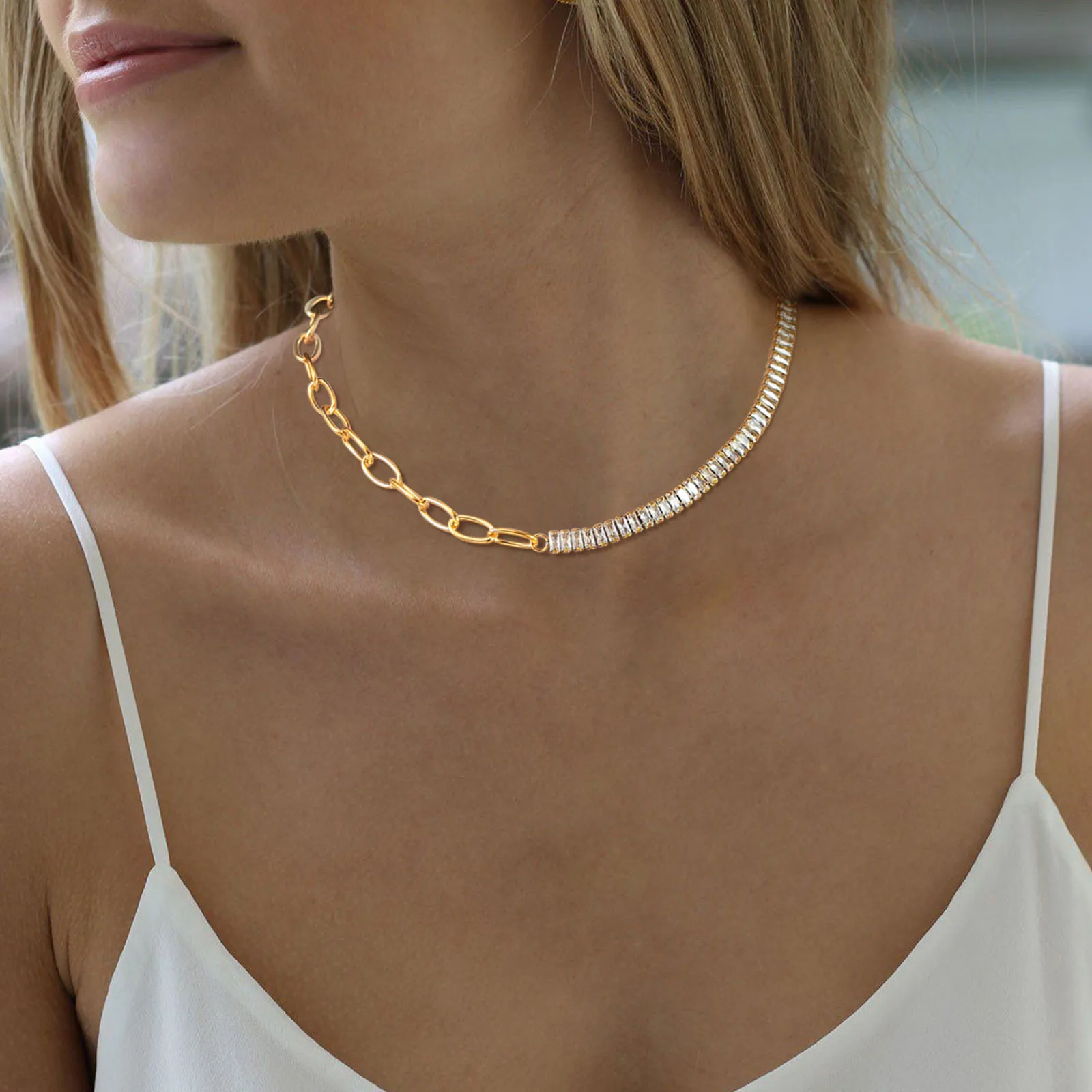 

Bling AAA+ Cubic Zirconia Choker Necklaces for Women Girls Party Gift Jewelry,Gold Color Stainless Steel Oval Chain Neck Collar