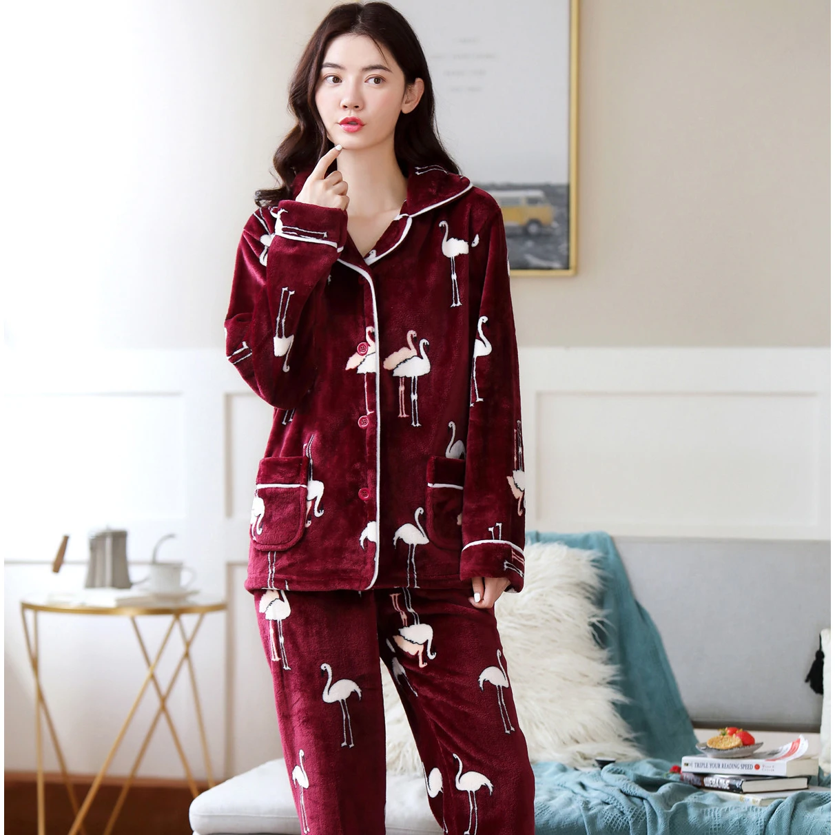 Womens Flannel Purple Pajamas Pyjamas Sets Long Sleeve Sleepwear Pijama Pajamas Suit Female Sleep Two Piece Set Loungewear