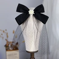 v838 simple short wedding bridal black white veil plain tulle pearl satin bow bride shoulder veil women marriage accessories
