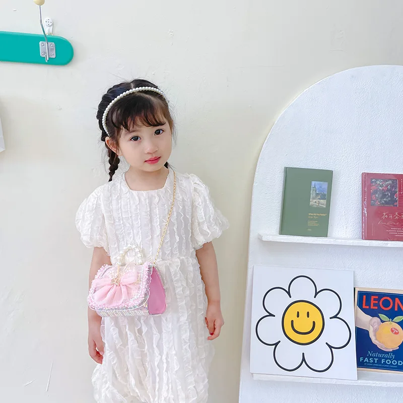 Girl's Crossbody Bag Flower Pearl Handbag Summer Bow-knot Shoulder Pocket Coin Purse Kids Princess Messenger Bag Birthday Gift enlarge