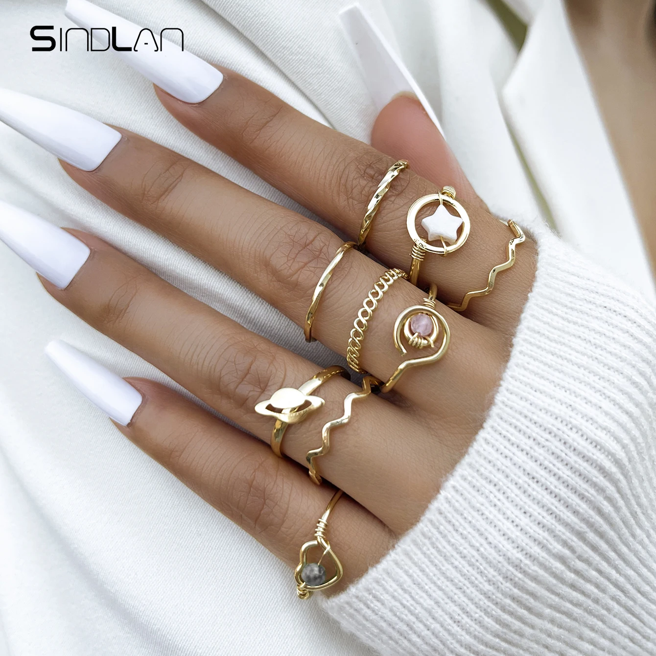 

Sindlan 9Pcs Vintage Stone Gold Color Rings for Women Boho Natural Pearl Star Geometric Set Female Simple Jewelry Anillos Mujer
