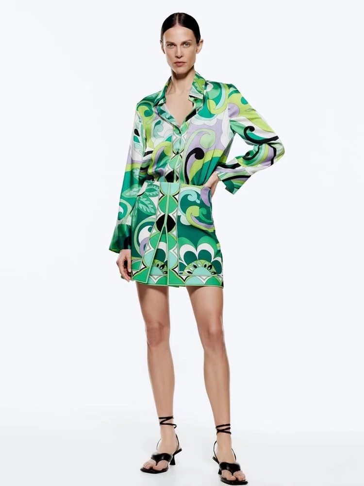 

Women's Floral Chiffon Suit Casual Vintage Long Sleeve Button Blouse High Waist Mini Skirt Loose Wide Leg Pants Combination Suit