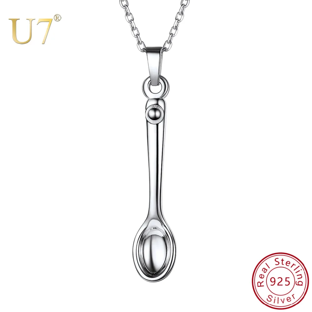 U7 925 Sterling Silver Spoon Shape Charm Necklace Pendant Tableware Choker Chain Thanksgiving Gift Women Jewelry Wholesale