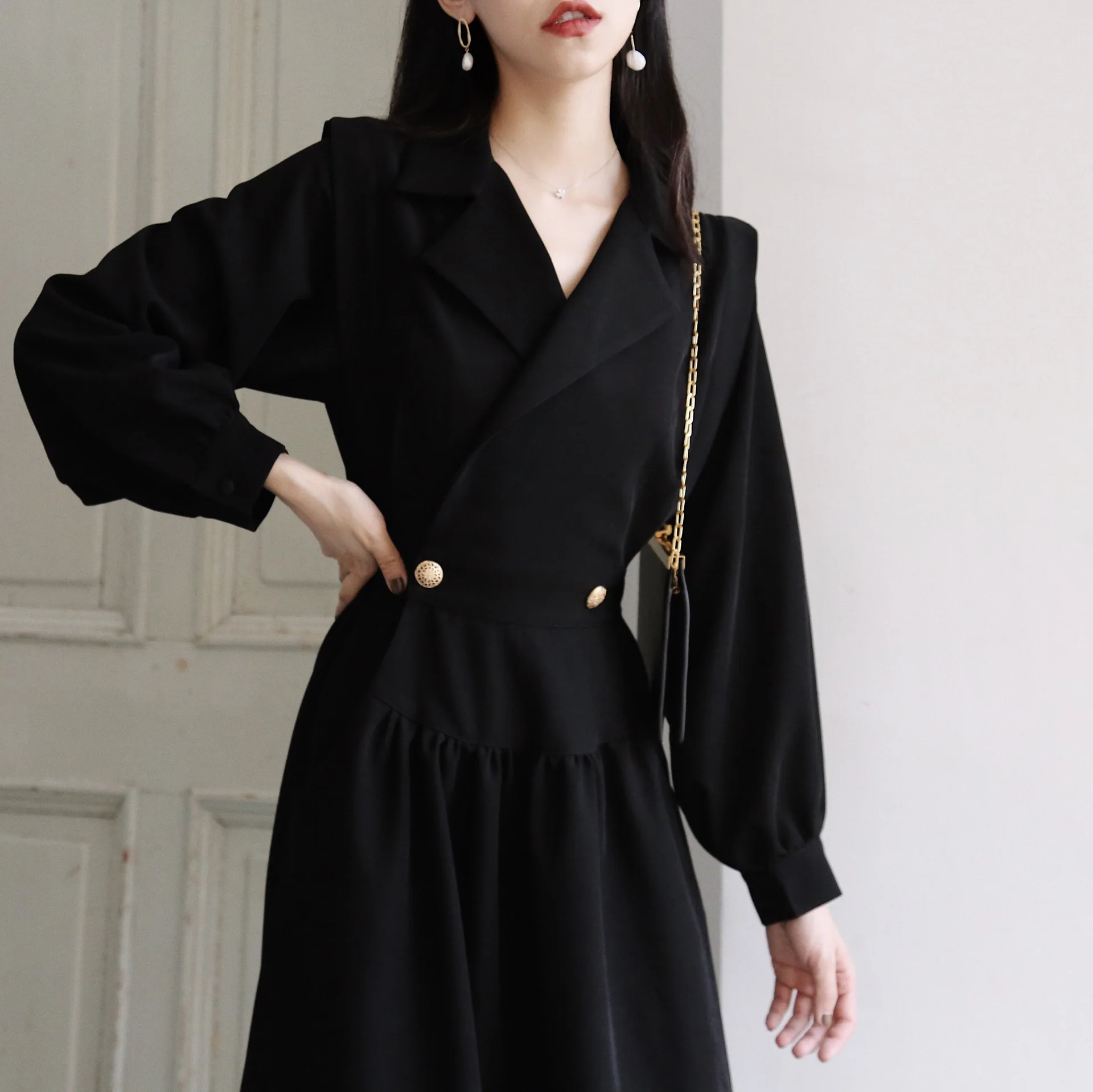 

Женское черное платье в стиле Харадзюку, французское винтажное платье-Блейзер, весенне-осеннее модное уличное приталенное платье большого ...