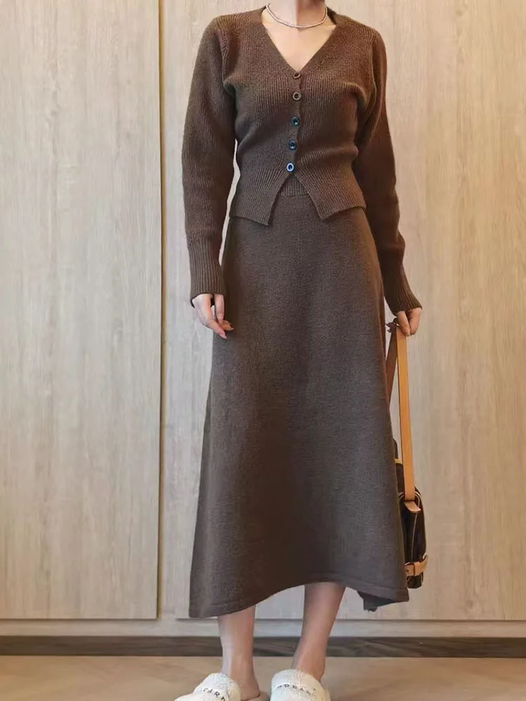 Элегантный женский офисный костюм UCXQ кардиган с V-образным вырезом свитер юбка