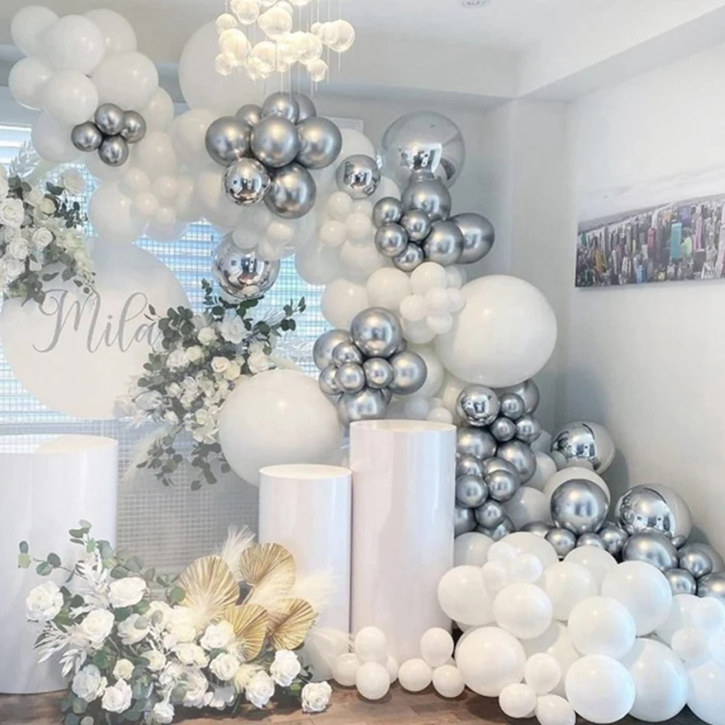 

White Silver Metallic Balloon Arch Garland Kit For Wedding Baby Shower Birthday Anniversary Bachelorette Party Decor