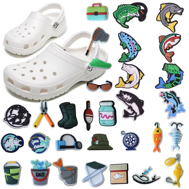 

24-pack Fishing Theme Pins Croc Shoe Charms For Men PVC Ornament Cute Male Pin Clog Backpack Accessories Single Wholesale Bulk