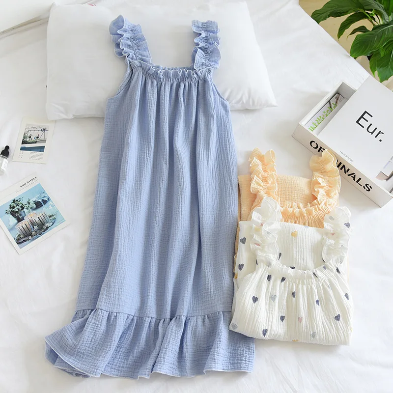 

Women Nightgown Summer Solid Sweet Spaghetti Strap Ruffles Sleepshirts Female Cute Thin Breathable Sleeveless Soft Korean Style