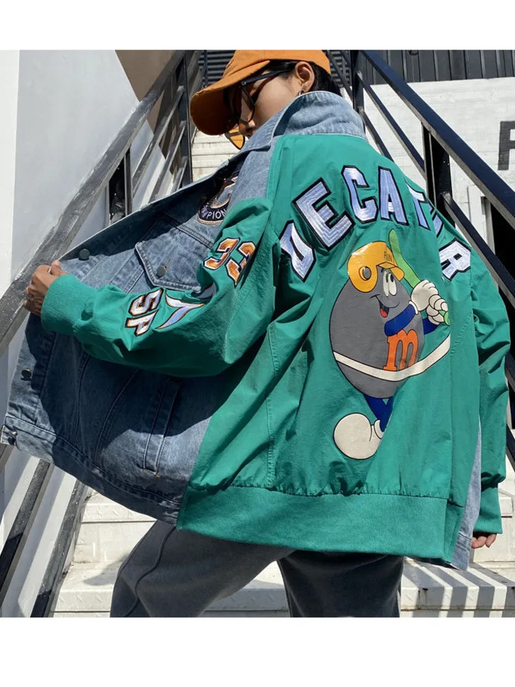 

2022 Spring New Stitched Denim Letter Baseball Jacket Loose Fashion Trend Contrast Color Personality