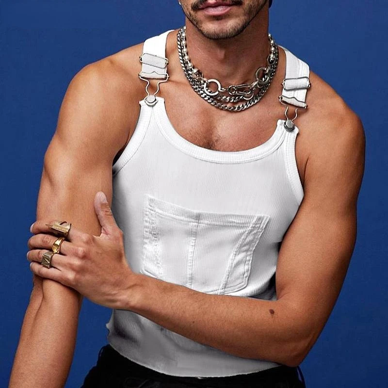 

2022 Summer Fashion Men's Tank Top O Neck Solid Color Sleeveless Camisole Men's Tight Pocket Streetwear Sexy Vacation Top