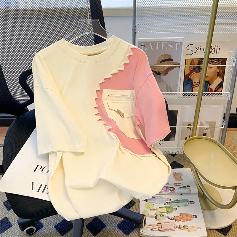 

2023 Summer Autumn Short Sleeve T Shirt Womens Sweet Top Niche Panels Design Female Clothing FreeShipping