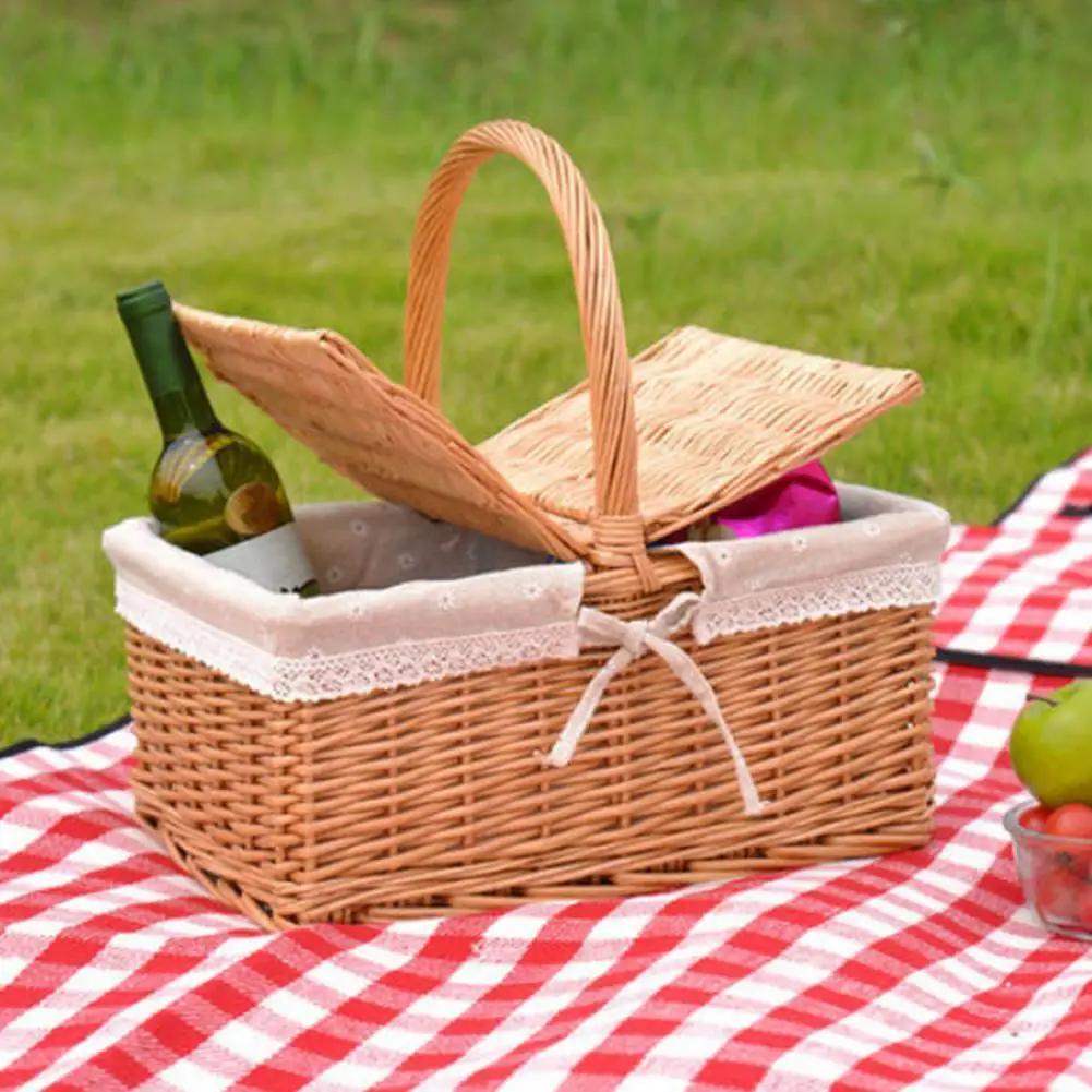 

Storage Baskets Lace Decor Large Capacity Wicker Woven Basket Fruit Egg Food Basket with Handle Lid Camping Accessories