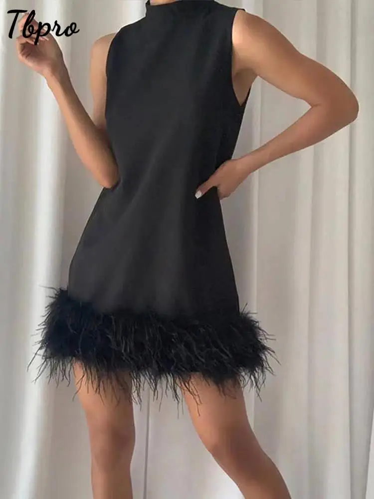 

Summer Sexy Feather Hem Sleeveless Mini Dress Women Elegant Half High Neck Vestidos Spring Female Night Club Party Dresses