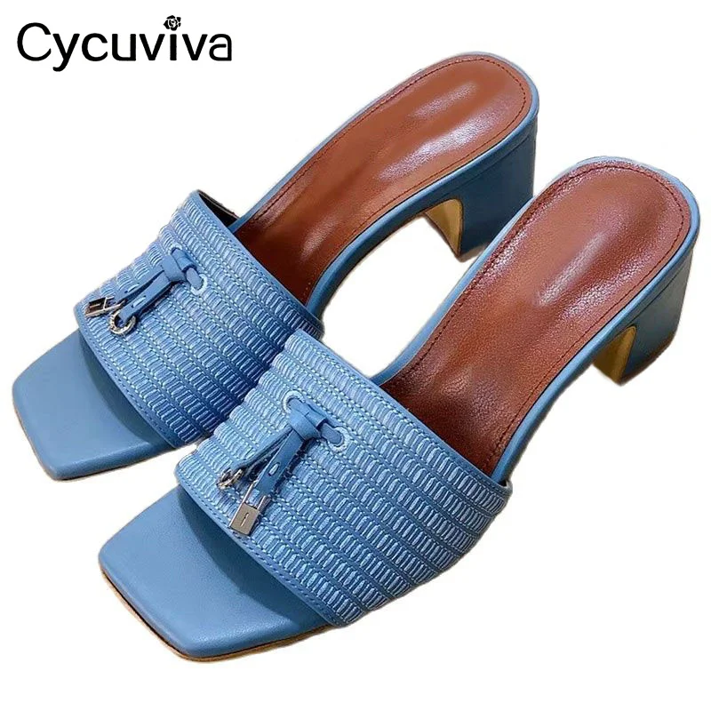 

Open Toe Middle Heel Slippers Women Metal Lock Tassel Mules Leather Flat Slides Slip On Chunky Heel Beach Shoes Woman Sandals